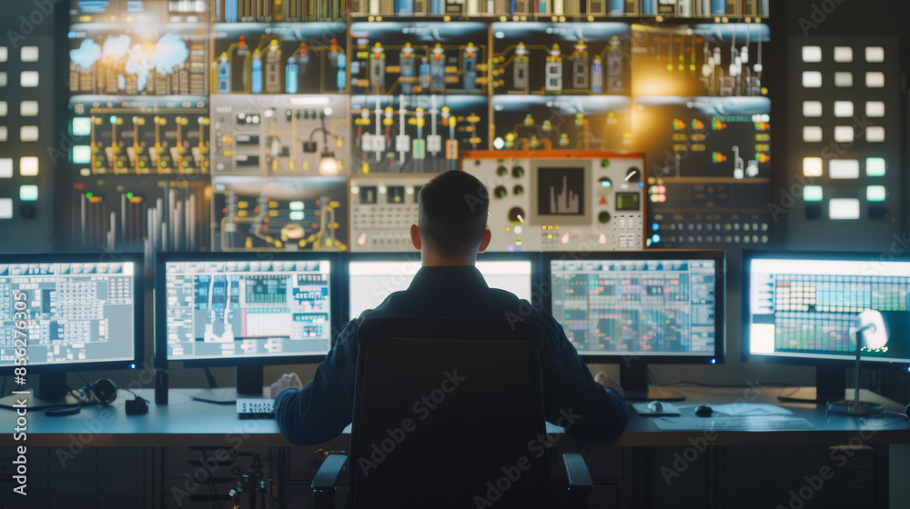 A man sits in a high-tech control room, surrounded by multiple monitors displaying complex data and system controls, indicating a critical operational environment. A man sits in a high-tech control room, surrounded by multiple monitors displaying complex data and system controls, indicating a critical operational environment.