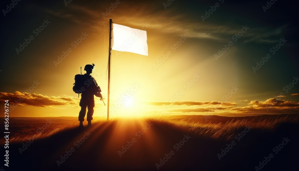 Fototapeta premium A lone soldier stands silhouetted against a golden sunset, holding a white flag, symbolizing peace