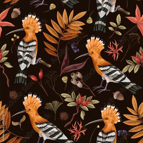 Seamless pattern with hoopoe bird, autumn leaves and branches. Vector.