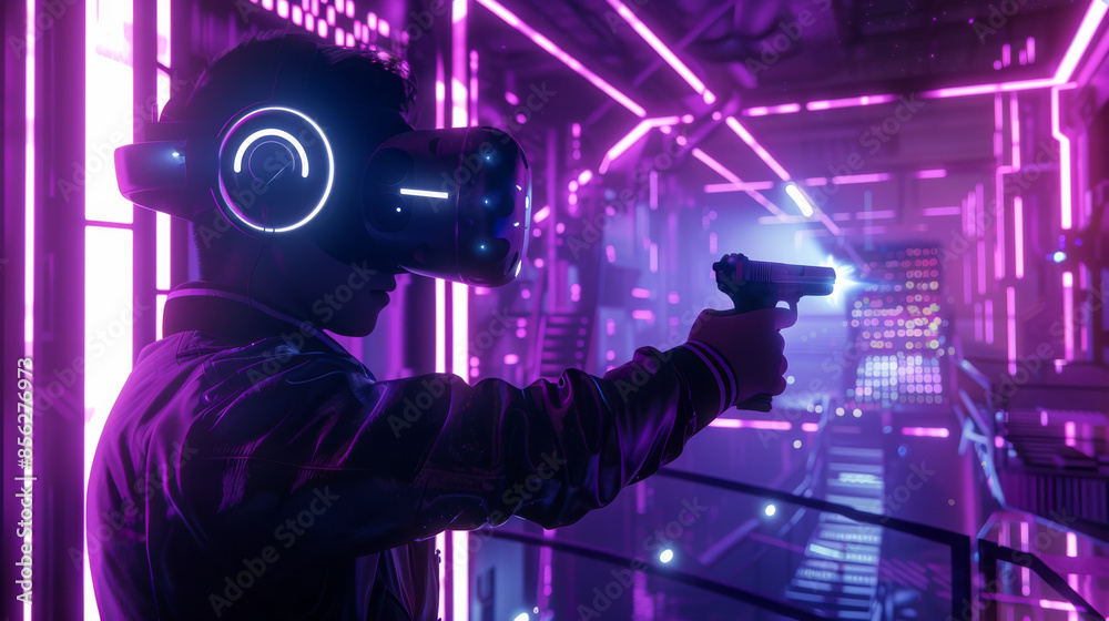 A figure with a VR headset and futuristic gear holding a digital gun in a neon-lit cyber environment, immersing in a virtual adventure. A figure with a VR headset and futuristic gear holding a digital gun in a neon-lit cyber environment, immersing in a virtual adventure.