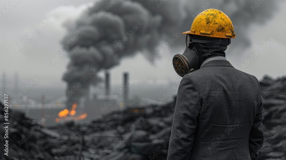 Worker wearing gas mask near industrial smoke Worker wearing gas mask near industrial smoke