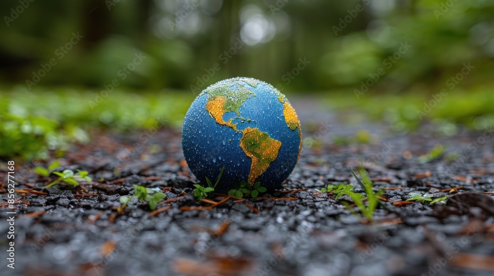 Wet globe sitting on a gravel path in a forest Wet globe sitting on a gravel path in a forest