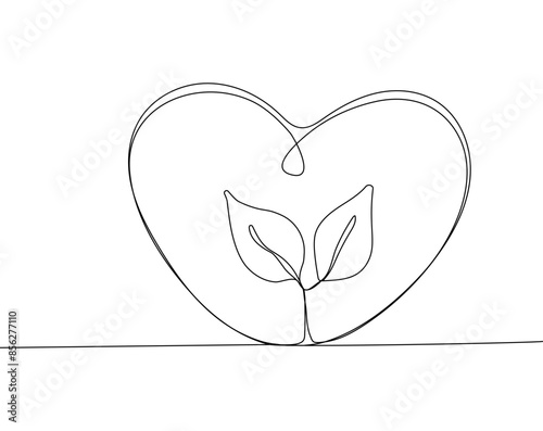 Growing sprout, leaves in heart drawn in one continuous line vector illustration.