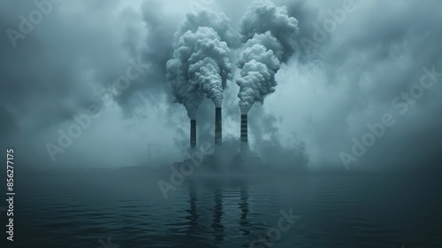Industrial smokestacks emit thick black smoke over a foggy sea photo