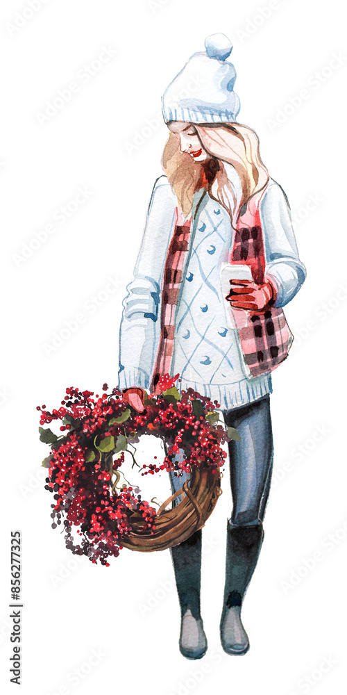 Obraz premium Woman holds Christmas wreath isolated on white. Watercolor fir wreath clipart.