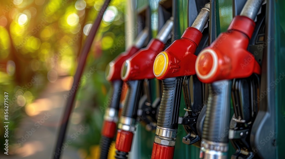 Red fuel pump nozzles at a gas station Red fuel pump nozzles at a gas station