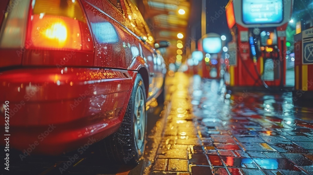 Red car parked at nighttime gas station with wet pavement Red car parked at nighttime gas station with wet pavement