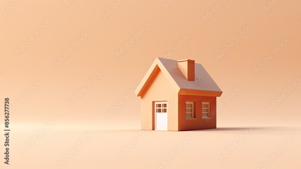 A small, simple house sits in the center of an empty space. The house is peach-colored, with a white door and windows. A small, simple house sits in the center of an empty space. The house is peach-colored, with a white door and windows.
