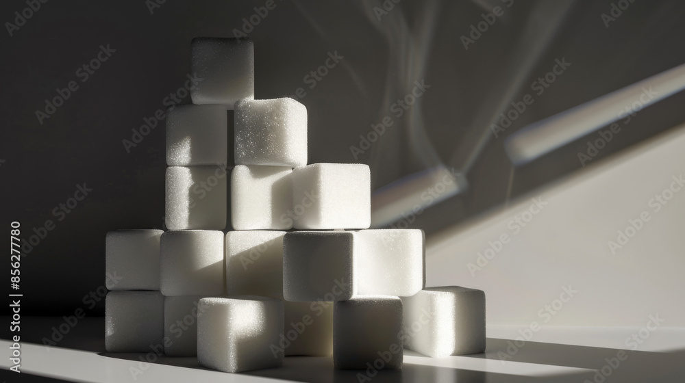 Monochrome photo of sugar cubes stacked intricately, with soft light creating gentle shadows, highlighting texture and an abstract form. Monochrome photo of sugar cubes stacked intricately, with soft light creating gentle shadows, highlighting texture and an abstract form.
