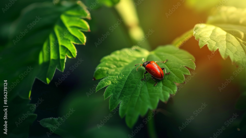 A vibrant red beetle sits on a lush green leaf, basking in the soft glow of sunlight filtering through the foliage. A vibrant red beetle sits on a lush green leaf, basking in the soft glow of sunlight filtering through the foliage.