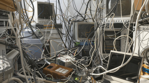 A chaotic tangle of wires and computer monitors in a cluttered space, representing a state of disarray and complexity in technology.