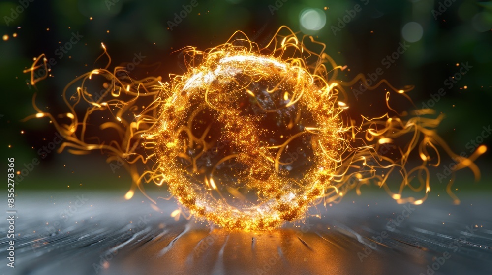 A glowing sphere of light and energy surrounded by sparks in a green background A glowing sphere of light and energy surrounded by sparks in a green background