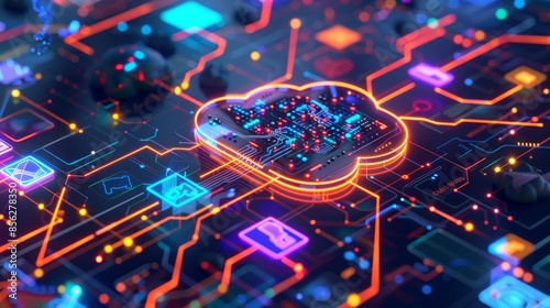 Digital Nexus Dynamic Network of 3D Icons and Cloud Storage in Vibrant Hightech Illustration
