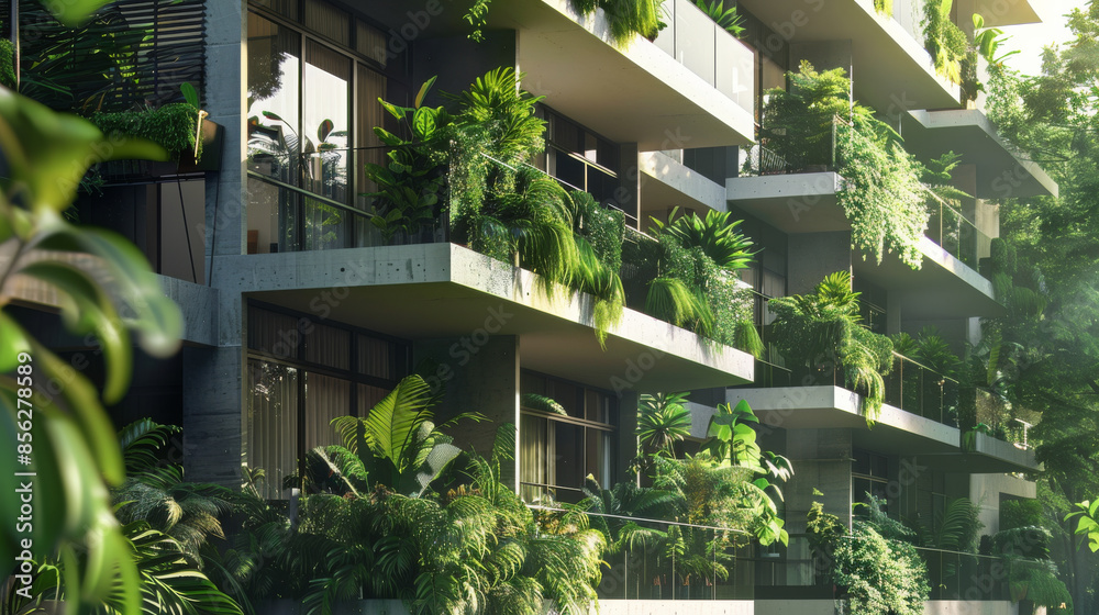 A modern apartment building with lush green plants cascading over balconies, blending architecture and nature. A modern apartment building with lush green plants cascading over balconies, blending architecture and nature.