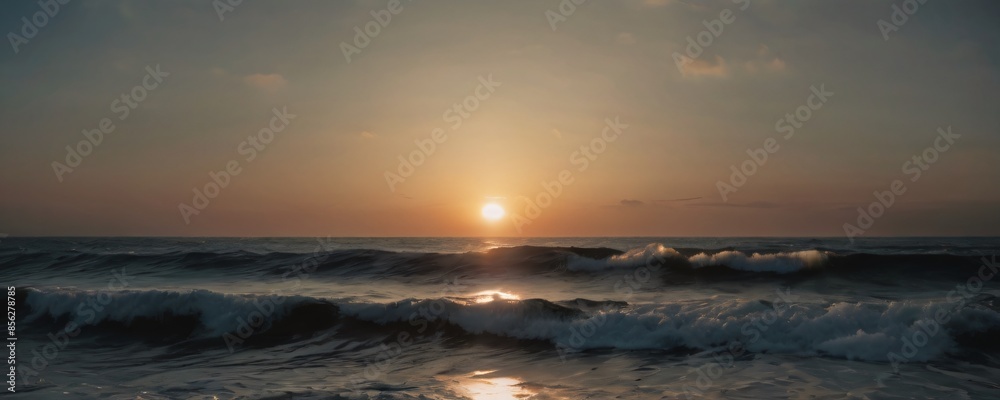 Fototapeta premium Ocean with sunset in background. Extremely detailed and realistic high resolution illustration