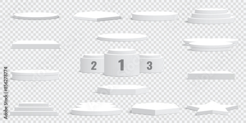 Set of white blank podiums on transparent background. Pedestals. Scene. Vector illustration.