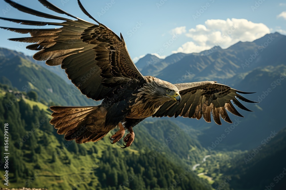 Majestic hawk flying over mountains and serpenty stream., generative IA Majestic hawk flying over mountains and serpenty stream., generative IA