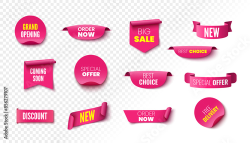 Best choice, order now, special offer, free delivery sale banners. Pink ribbons, tags and stickers. Vector illustration.