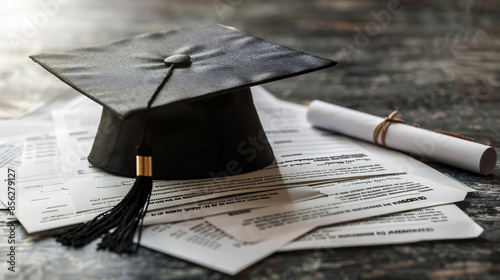 Graduation Cap and Loan Documents Symbolizing Student Debt Burden photo