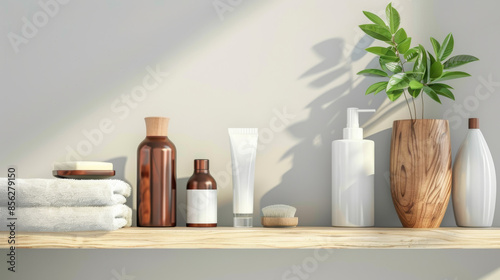 A neatly organized bathroom shelf displays various toiletries and greenery in soft sunlight, creating a serene and refreshing atmosphere. photo