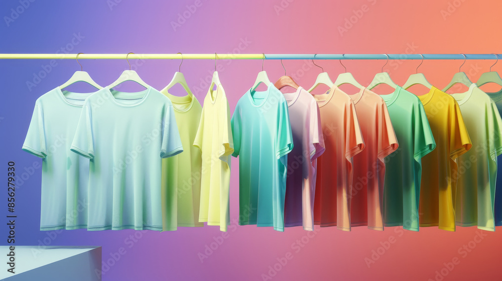 A collection of pastel-colored t-shirts neatly hanging on a rail with a gradient background, combining soft tones with an harmonious layout. A collection of pastel-colored t-shirts neatly hanging on a rail with a gradient background, combining soft tones with an harmonious layout.