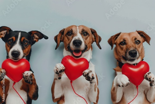 Happy dogs and with heart-shaped IV drips. Conceptual illustration of blood donation for animals, blood transfusion in pets, life insurance, veterinary medicine.