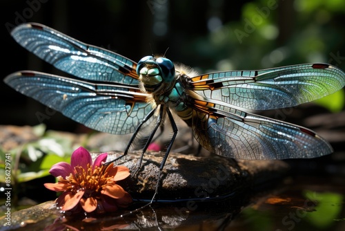 Iridescent dragonfly hanging over serene stream, wings capture sunlight., generative IA