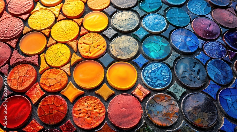 Colorful round and diamond shaped tiles on a wall Colorful round and diamond shaped tiles on a wall
