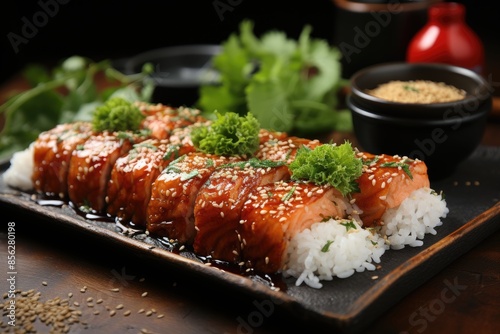 Salmon sushi with fresh shiso., generative IA photo
