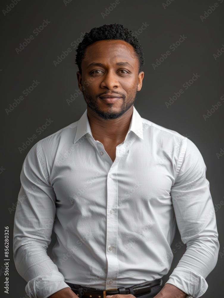 Fototapeta premium Portrait of a man wearing a white shirt against a gray background