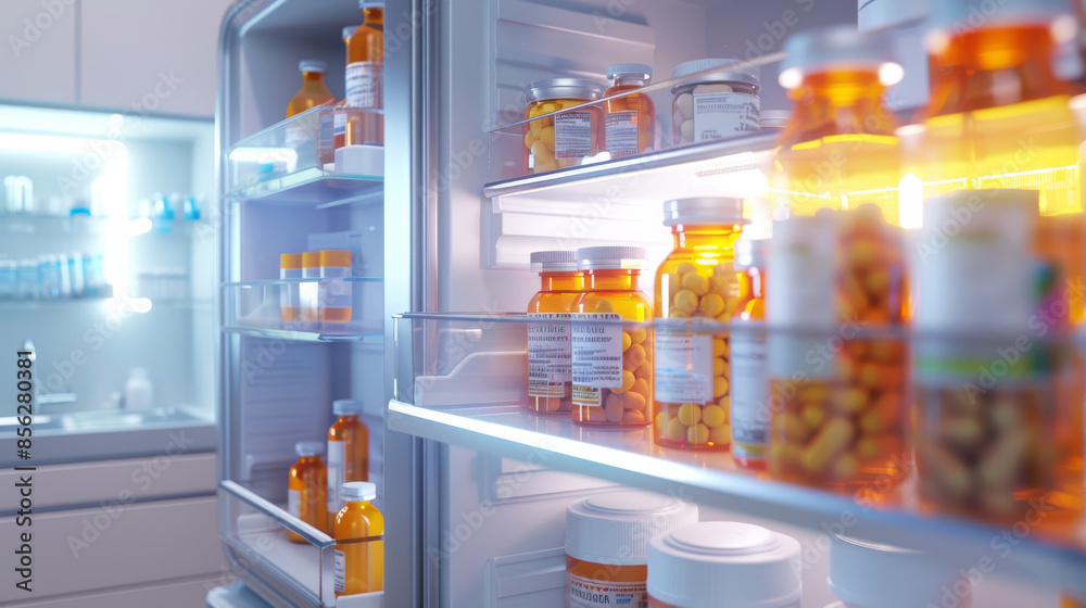 A meticulously organized refrigerator with multiple shelves containing various medication bottles and health supplies. A meticulously organized refrigerator with multiple shelves containing various medication bottles and health supplies.