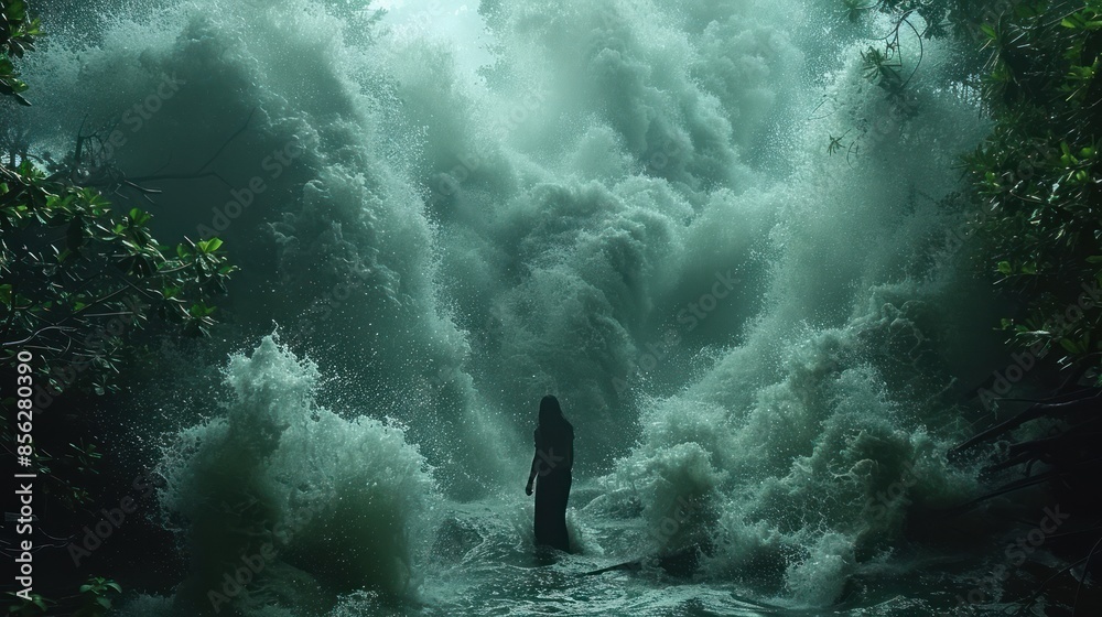 A solitary figure stands amidst a raging waterfall in a lush green forest A solitary figure stands amidst a raging waterfall in a lush green forest