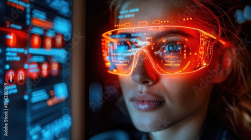 Close up of woman wearing futuristic goggles looking at computer screen