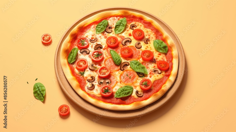A delicious pizza with a crispy crust, topped with melted cheese, fresh tomatoes, mushrooms, and basil. A delicious pizza with a crispy crust, topped with melted cheese, fresh tomatoes, mushrooms, and basil.