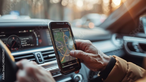 hand of a male driver using a smartphone with a navigator or maps application. The navigator helps the driver find a route