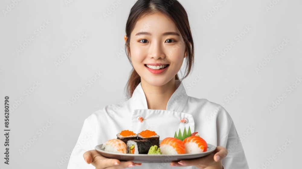 young Asian beautiful woman cook in uniform holding a plate with an appetizing set of rolls in her hands, smiling, looking at the camera, studio shooting, white background young Asian beautiful woman cook in uniform holding a plate with an appetizing set of rolls in her hands, smiling, looking at the camera, studio shooting, white background