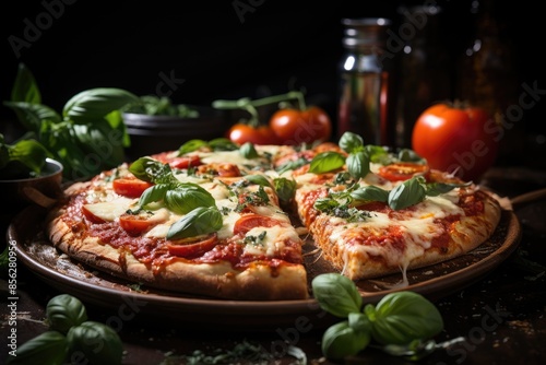 Margherita pizza slice cheese, sauce and fresh basil., generative IA
