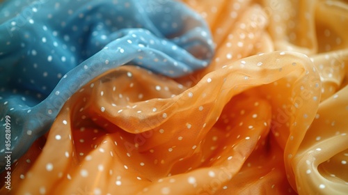 Close-up of blue and orange polka dot sheer fabric photo