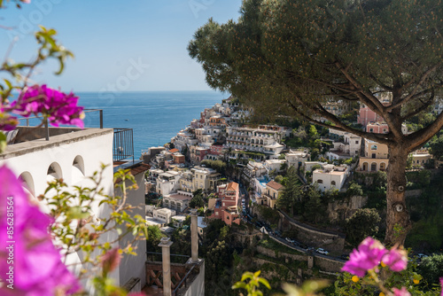 View of Positano Italy framed by Bougainvillea and stone pine tree photo