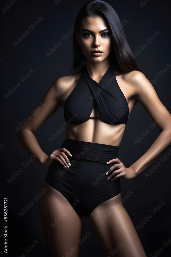 Stylish Bikini Pose: Model Strikes Alluring Pose Against Solid Black Backdrop, Enveloping Figure in Contrast