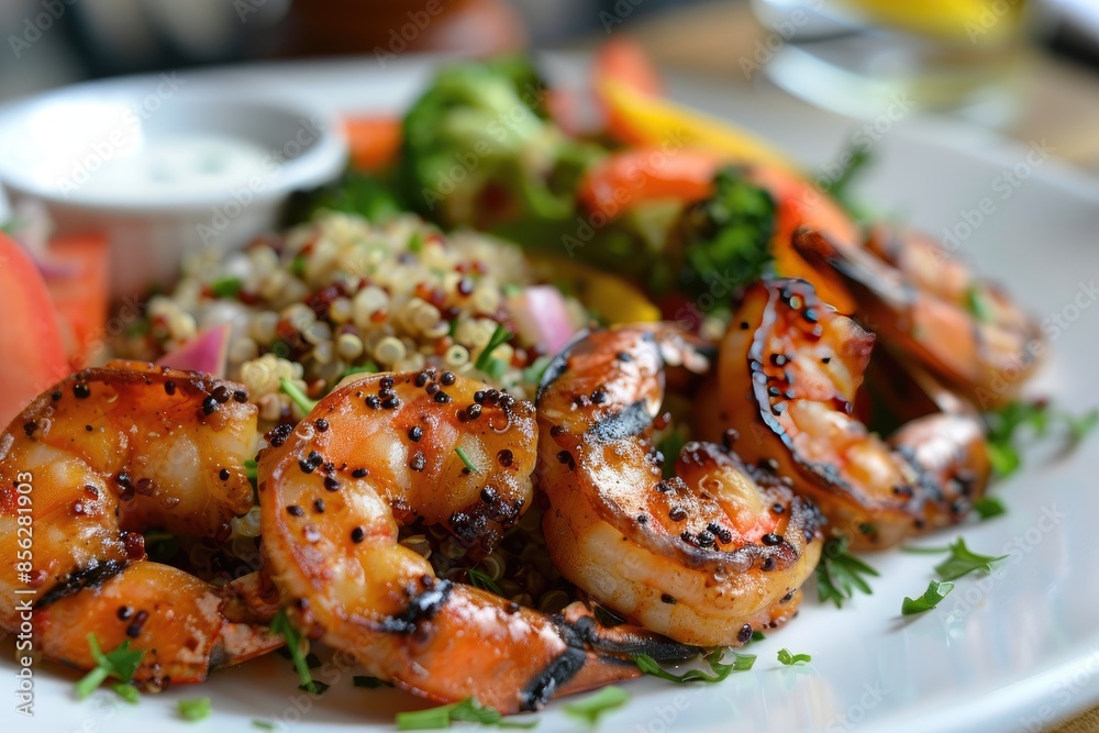 A beautifully arranged plate of grilled shrimp with a side of quinoa and vegetables A beautifully arranged plate of grilled shrimp with a side of quinoa and vegetables