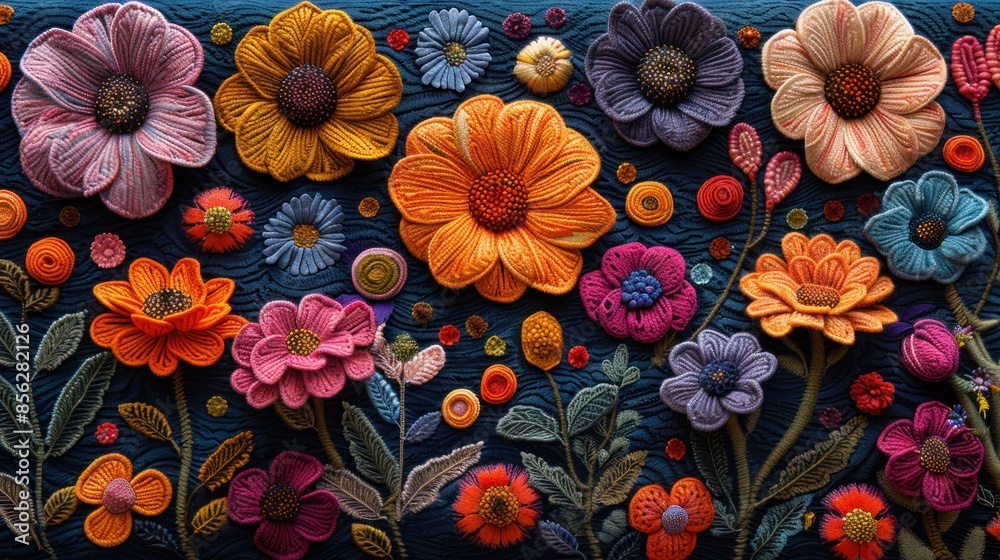 Colorful crochet flower arrangement on blue fabric Colorful crochet flower arrangement on blue fabric