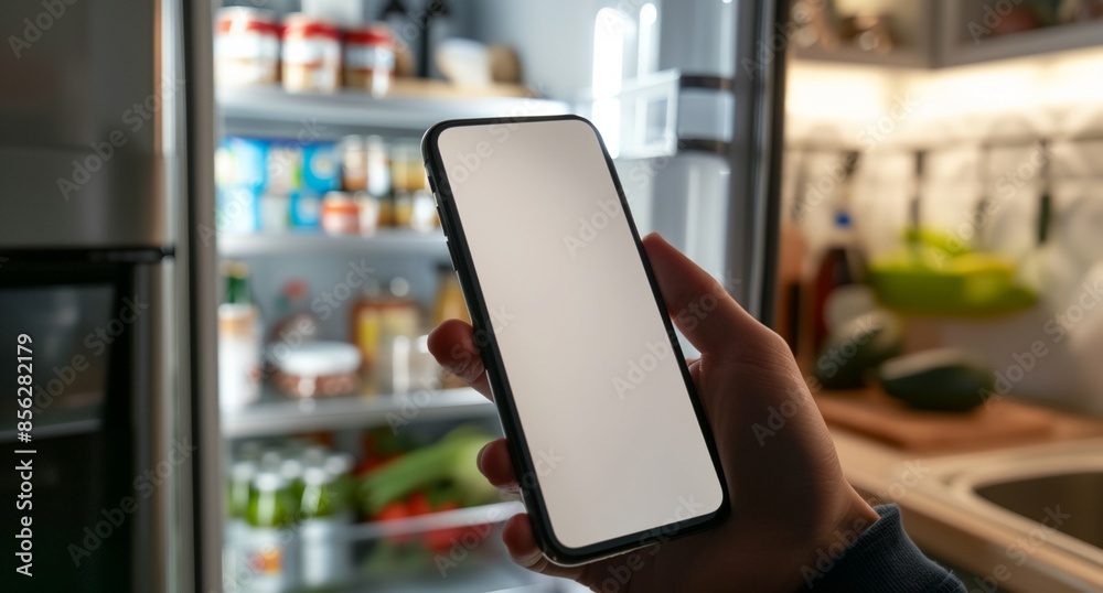 a person holding a phone in front of a refrigerator