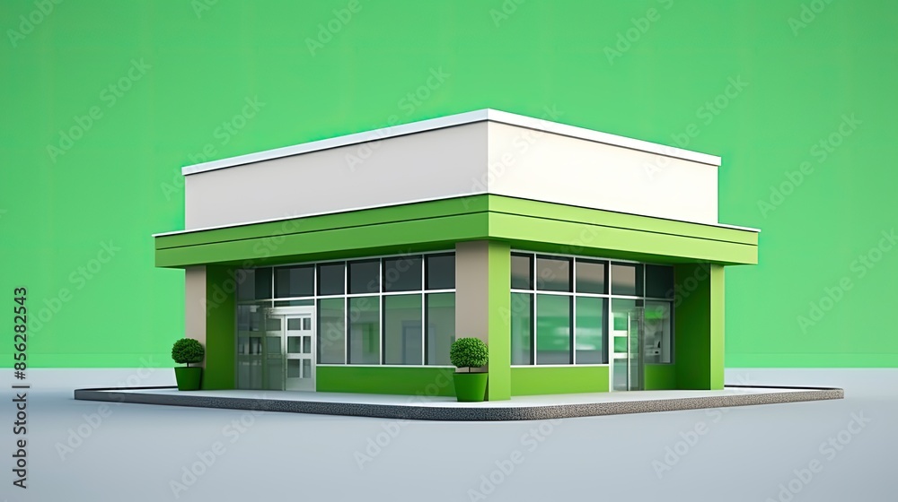 3D rendering of a small business building with large windows and a green exterior. 3D rendering of a small business building with large windows and a green exterior.