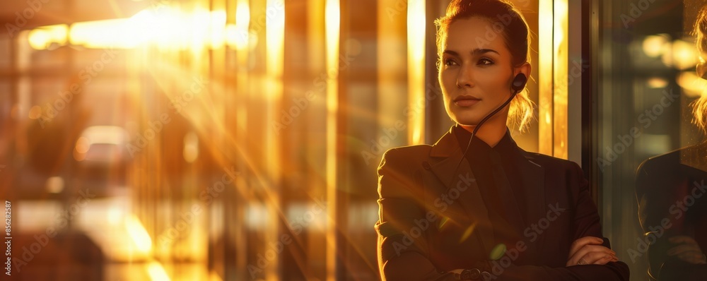 Woman bodyguard with security earpiece in streets of city, security concept banner. Generative AI.