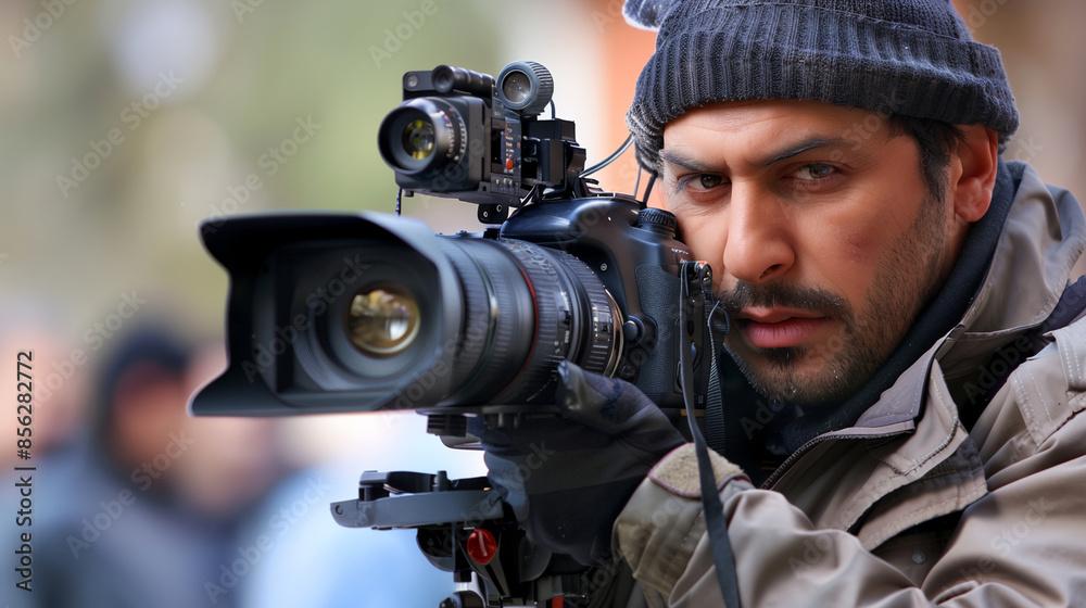 a man holding a camera up to his face with a hat on his head a man holding a camera up to his face with a hat on his head