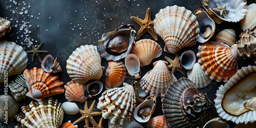collection of seashells on a dark background The seashells include various types of mollusks such as snails, clams, and starfish. photo