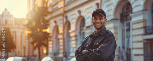Man bodyguard with security earpiece in streets of city, security concept banner. Generative AI.