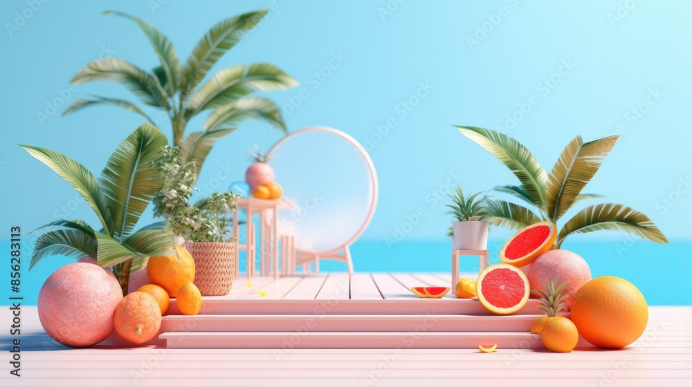 3d rendering of a pink and blue podium with a mirror, plants, and fruit. The background is a blue sky and ocean. 3d rendering of a pink and blue podium with a mirror, plants, and fruit. The background is a blue sky and ocean.