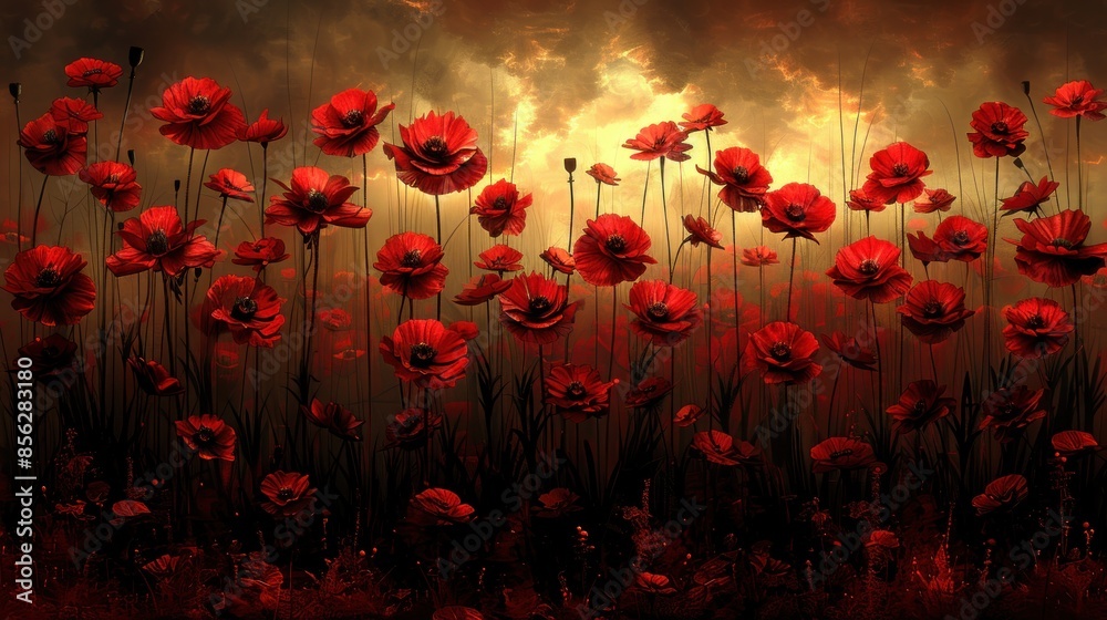 Obraz premium Red poppy flowers blooming in a field at sunset